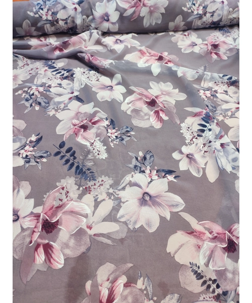 Szary szyfon cienka tkanina na sukienki - białe kwiaty amarylis